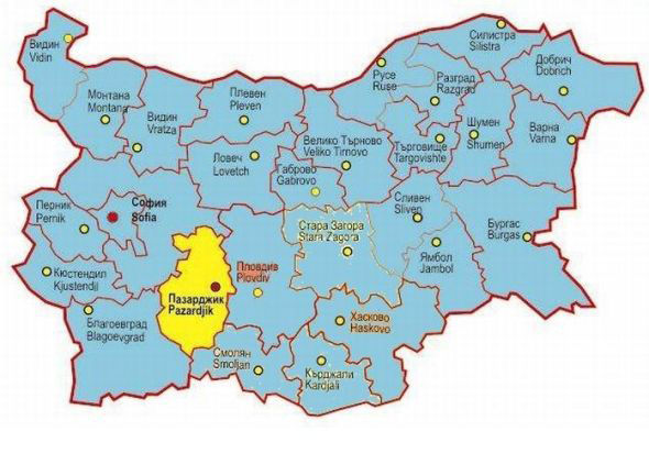 Location of the Pazardjik (in yellow) in Bulgaria.