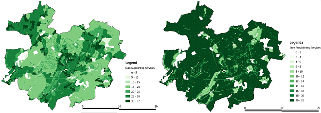 Spatial distribution of aggregated ecosystem services considering landscape linear and areal elements: left) supporting services; right) provisioning services.